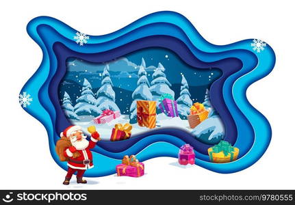 Christmas papercut, cartoon Santa with gifts in snow forest, vector holiday paper cut background. Merry Christmas or Xmas shopping card and ad banner with Santa and gifts in blue 3d papercut cutout. Christmas papercut, cartoon Santa gifts on snow