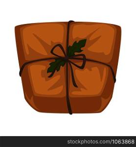 Christmas parcel in craft paper with rope and holly leaves wrapped box with bow, winter holiday gift or present packaging or interior design element house decoration vector illustration isolated. Christmas parcel in craft paper with rope and holly leaves