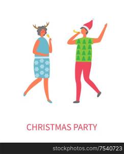 Christmas party an in red hat and trousers and green t-shirt, woman in blue dress and decoration on head and with glass of champagne vector illustration. Christmas Party Happy People Vector Illustration