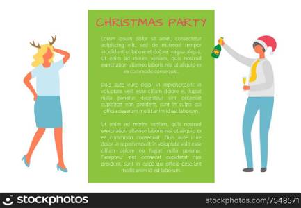 Christmas party and dancing man, woman in horns, male in Santa hat, cartoon characters isolated vector. Happy people celebrating Xmas and New Year. Christmas Party, Dancing Man, Woman in Horns, Fest