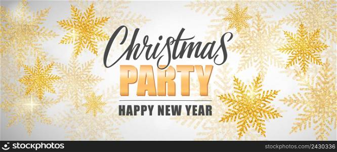 Christmas party and happy New Year lettering. Holiday banner with golden snowflakes on white background. Handwritten text, calligraphy. Can be used for greeting cards, posters and leaflets