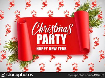 Christmas party and Happy New Year lettering. Holiday inscription on scroll with fir twigs and candy canes. Handwritten text, calligraphy. Can be used for greeting cards, posters and leaflets