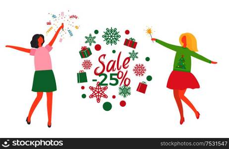 Christmas party and holiday sale. Happy women, blonde and brunette, in skirts with sweater and t-shirt near presents with big discount vector illustration. Christmas Party People and Holiday Sale Vector