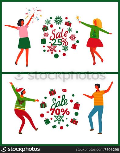 Christmas party and holiday sale people. Happy girls in green and pink skirts and boys in jeans near presents with big discounts vector illustration. Christmas Party and Holiday Sale People Vector