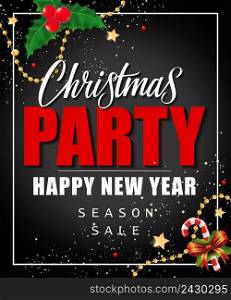 Christmas party and season sale lettering with mistletoe and ornaments. Happy New Year inscription can be used for leaflets, festive design, posters, banners