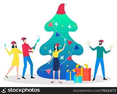 Christmas party at work vector, isolated characters celebrating new year. Company of friends wearing santa hats and opening bottle of champagne. Man and woman by pine tree with glowing garlands. People Celebrating New Year by Pine Tree Vector