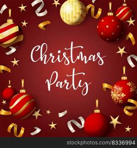 Christmas party banner with balls and ribbons on red background. Lettering can be used for invitations, post cards, announcements