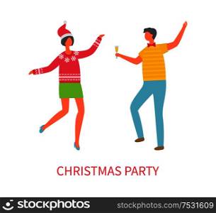 Christmas party celebration, colleagues at corporative, isolated vector. Man with glass of champagne, woman in Santa Claus hat dancing in cartoon style. Christmas Party Celebration, Colleagues at Fest