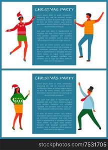 Christmas party celebration, man with glass of champagne, woman in Santa Claus hat dancing in cartoon style. Colleagues at corporative, text sample. Christmas Party Celebration, Man Glass Champagne