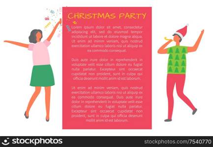 Christmas party celebration, man with glass of champagne, woman in Santa Claus hat dancing in cartoon style. Colleagues invitation leaflet, poster with text. Christmas Party Celebration Man Glass of Champagne
