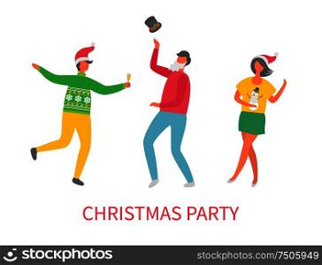 Christmas party celebration of new years approaching vector. People drinking champagne alcoholic beverage and dancing. Man throwing hat with mistletoe. Christmas Party Celebration New Years Approaching
