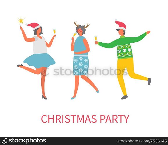 Christmas party celebration of people in good mood vector. Man and women with champagne glass in hands dancing together. Winter holiday fun event. Christmas Party Celebration of People in Good Mood