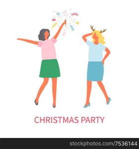 Christmas party celebration woman with flappers in skirts on high heels celebrating Xmas and New Year holidays. Colleagues at corporate party, isolated vector. Christmas Party Celebration Woman with Flappers