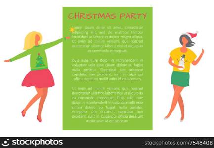 Christmas party celebration women in sweaters on winter theme and text sample. Business ladies on high heels celebrating Xmas and New Year holidays, poster. Christmas Party Celebration Women, Sweaters Poster
