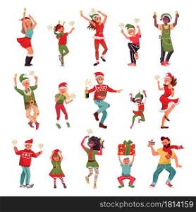 Christmas party characters. Happy woman, dancing holiday people in xmas textile. Santa elves costume, disco friends with sparkles vector set. Illustration woman and man, christmas and new year party. Christmas party characters. Happy woman, dancing holiday people in xmas textile. Santa elves costume, disco friends with sparkles vector set