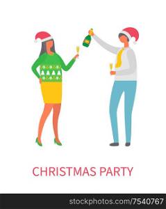 Christmas party, couple drinking alcohol champagne vector. People celebrating approaching on new year, woman wearing symbolic red Santa Claus hat. Christmas Party, Couple Drinking Alcohol Champagne