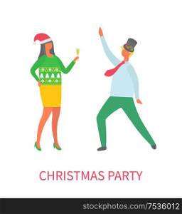 Christmas party couple of man and woman dancing and drinking vector. Lady holding glass with champagne, man with hat decorated with mistletoe leaf. Christmas Party Couple of Man and Woman Dancing