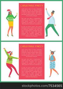 Christmas party, coworkers dancing at corporate fest celebrating New Year and Xmas holiday. Vector cartoon style people having fun, text sample frame. Christmas Party, Coworkers Dancing, Corporate Fest