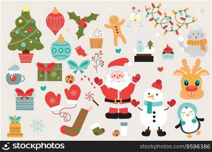 Christmas party cute set in flat cartoon design. Bundle of festive tree with toys, cupcake, gingerbread man, garland, gift, Santa Claus, snowman, deer and other. Vector illustration isolated elements