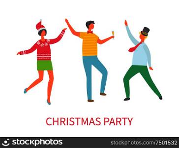 Christmas party dancing friends celebrating winter holiday vector. Smiling people wearing Santa Claus hand, having fun on disco. Happy new year event. Christmas Party Dancing Friends Celebrating Holiday