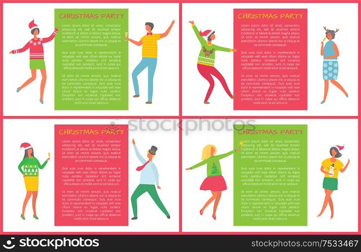 Christmas party, drinking and dancing people vector. Posters with text sample, male wearing mistletoe hat and holding champagne glass with beverage. Christmas Party, Drinking and Dancing Funny People