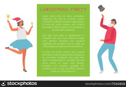Christmas party, drunk people dancing at corporate fest celebrating New Year and Xmas holiday. Vector cartoon style characters on invitation poster. Christmas Party, Drunk People Dancing at Fest