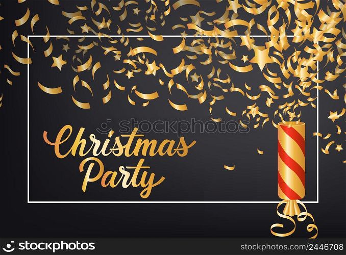 Christmas Party festive poster design. Cracker, confetti and frame on black background. Template can be used for banners, flyers, invitations