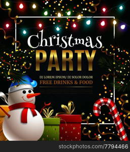 Christmas party festive poster for disco club holiday event with snowman and spruce decoration cartoon vector Illustration. Christmas Party Festive Poster