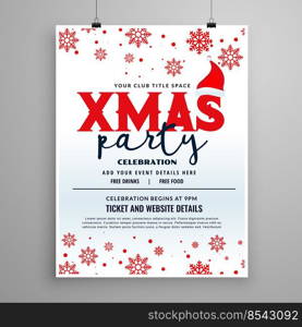 christmas party flyer design with santa claus cap and snow flakes