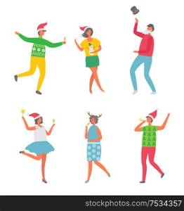 Christmas party, happy cartoon people celebrating holidays. Dancing man, woman with sparkler, female in Santa hat and horns accessory, isolated vector. Happy People, Cartoon Style Celebrating Christmas