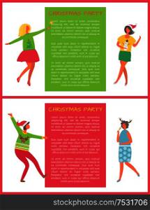 Christmas party, happy New Year holidays greeting card with people. Christmas party celebration woman with flapper and champagne in skirts on high heels celebrating Xmas. Happy New Year Holidays Poster, People and Text