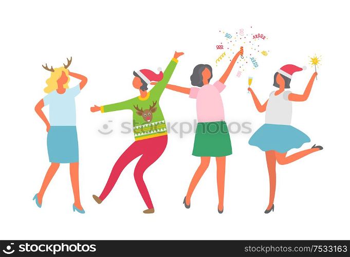 Christmas party, happy people dancing and having fun together. Women coworkers celebrating New Year and Xmas, in Santa Claus hat and sparkler isolated vector. Christmas Party, Happy People Dancing, Having Fun