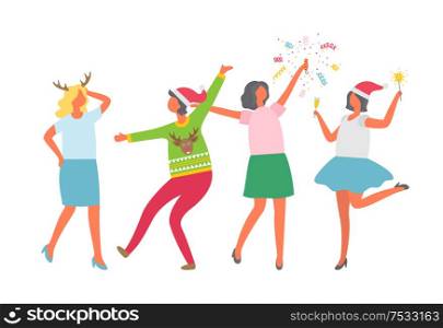 Christmas party, happy people dancing and having fun together. Women coworkers celebrating New Year and Xmas, in Santa Claus hat and sparkler isolated vector. Christmas Party, Happy People Dancing, Having Fun