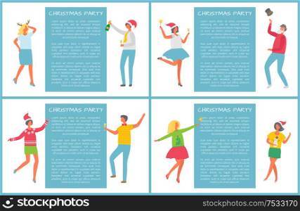 Christmas party, happy people dancing together posters with text sample. Women and men coworkers celebrating New Year and Xmas, in Santa Claus hat vector. Christmas Party, Happy People Dancing, Having Fun