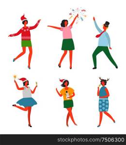 Christmas party, happy people having fun dancing vector. Woman wearing Santa Claus hat, female with confetti, man in hat with mistletoe plant leaf. Christmas Party, Happy People Having Fun Dancing