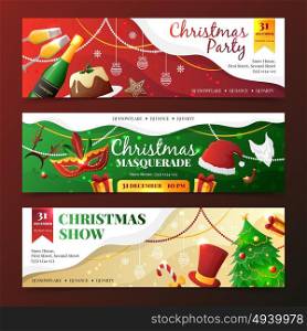 Christmas Party Invitation Banners. Colorful flat design christmas party and masquerade invitation banners with new year symbols isolated on dark background vector illustration
