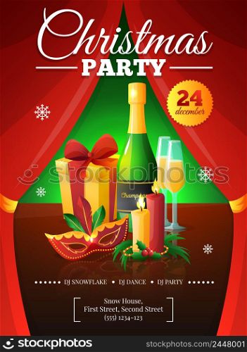 Christmas party invitation poster with red curtains present champagne mask candles and snowflakes flat vector illustration. Christmas Party Poster