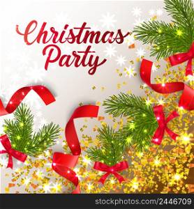 Christmas Party lettering with confetti and fir-tree twigs. Christmas party invitation. Handwritten text, calligraphy. For leaflets, brochures, invitations, posters or banners.