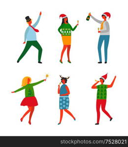 Christmas party, New Year celebration meeting vector. Man holding champagne bottle, dancing guy, lady with bengal lights and horns head decoration. Christmas Party, New Year Celebration Meeting
