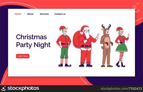 Christmas party night landing page vector template. Holiday clothing website interface idea, flat illustrations. Fabulous costumes homepage layout. Santa Claus suit web banner, webpage cartoon concept