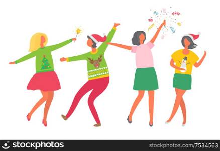 Christmas party of girls, woman New Year celebration in female company vector. Friends dancing throwing confetti and firing bengal light, dancers. Christmas Party Girls, Woman New Year Celebration