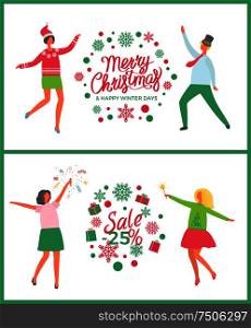 Christmas party of people, celebration and sale winter discounts vector. Offer 25 percent off price. Women and men drinking champagne from glasses. Christmas Party Celebration and Sale Discounts