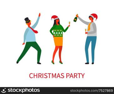 Christmas party of people, friends dancing together vector. Male wearing hat of Santa Claus and holding glass with alcoholic drink, champagne beverage. Christmas Party of People Friends Dancing Together