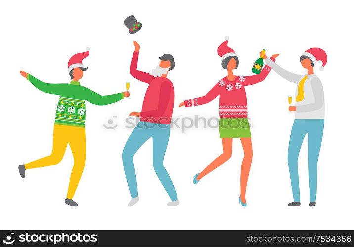 Christmas party of people, new year celebration vector. Woman and man wearing Santa Claus hat, male throwing cap with mistletoe. Person holds glass. Christmas Party of People, New Year Celebration