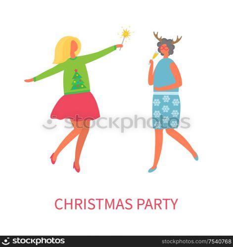 Christmas party of women friend drinking champagne vector. Beverage in glass of lady wearing sweater with pine tree. Lady with reindeer horns costumes. Christmas Party Women Friends Drinking Champagne