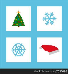Christmas party paper decoration. Two different blue snowflakes and fir-tree with colored balls and yellow star. Red Santa Claus hat vector illustration. Christmas Snowflake Party Paper Decoration Vector