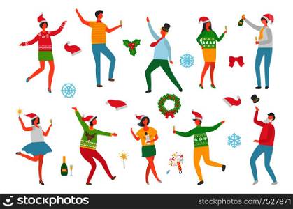 Christmas party people and symbolic winter images isolated icons set on white background. Wreaths with mistletoe and spruce evergreen tree. Man and woman dancing together. Christmas Party People and Symbolic Winter Images