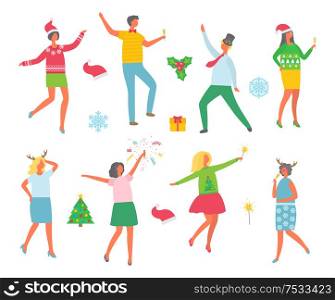 Christmas party people and symbolic winter images isolated icons set on white background. Wreaths with mistletoe and spruce evergreen tree. Man and woman dancing together. Christmas Party People and Symbolic Winter Images