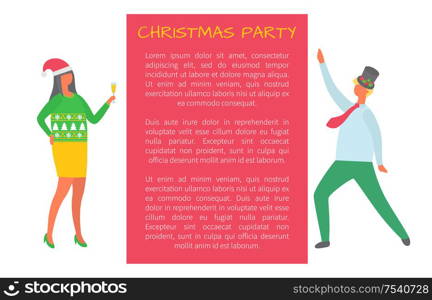 Christmas party, people celebrating New Year and Xmas holiday invitation leaflet. Vector cartoon style business managers inviting on celebration, vector. Christmas Party, People Celebrating New Year Fest