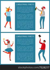 Christmas party people celebrating New Year holiday vector. Man holding bottle of champagne dancing and happily laughs. Woman and man throwing hat. Christmas Party People Celebrating New Year Event